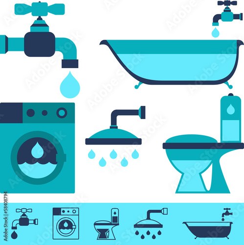Plumbing equipment icons in flat design style.