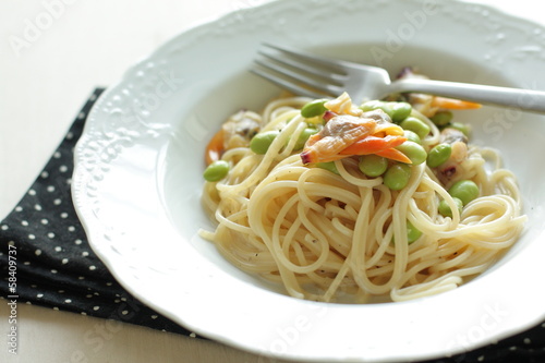 Italian food, soy bean and clam spaghetti