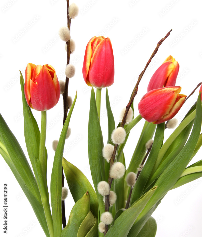 Bouquet of red-yellow tulips with twigs of willow Bouquet of red-yellow tulips with twigs of willow
