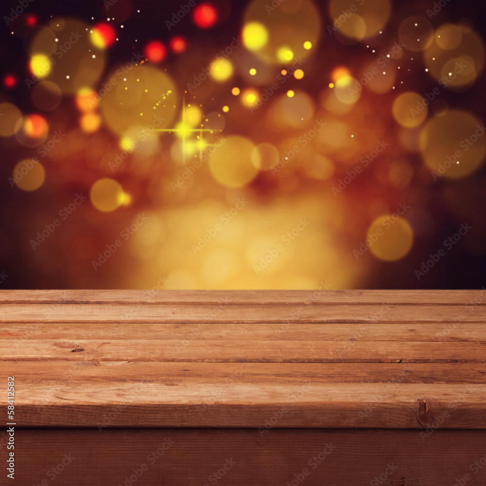 Christmas bokeh background with empty wooden table