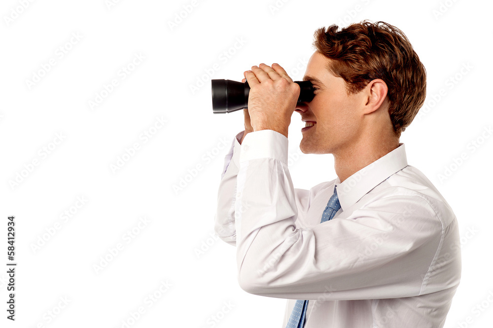 Smiling businessman hunting success Smiling businessman hunting success