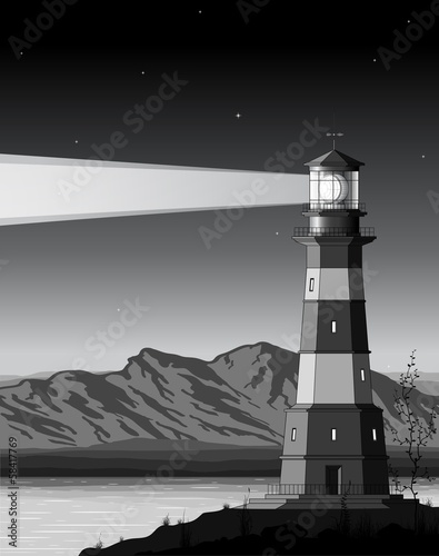Night landscape with detailed lighthouse, mountains and sea