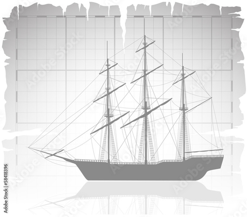 Old ship over ancient map with grid.