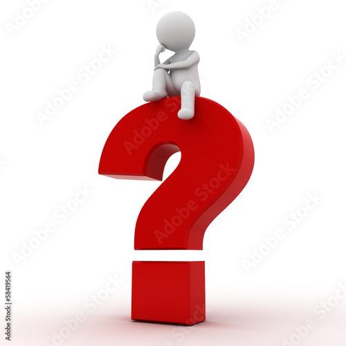 3d man thinking on red question mark over white background