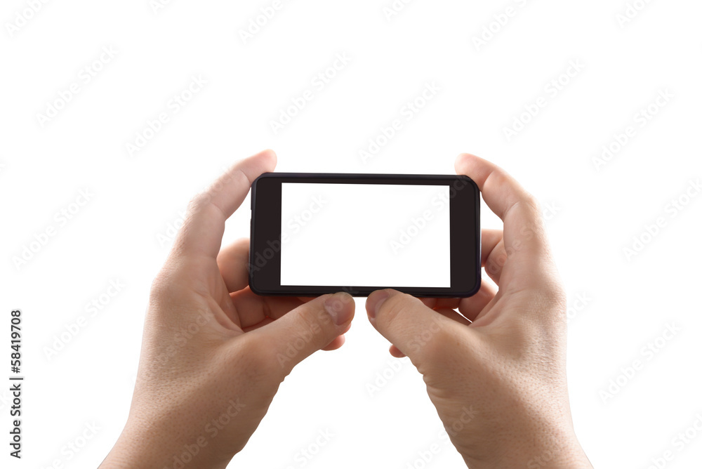 Holding mobile smartphone with blank screen Holding mobile smartphone with blank screen