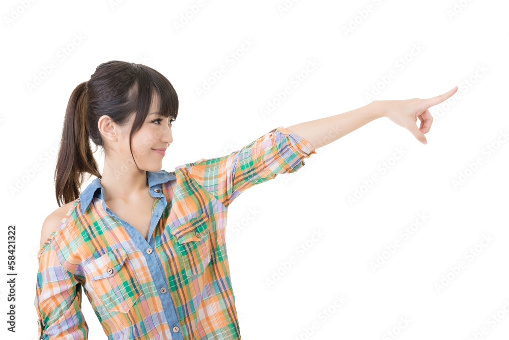 Young asian woman pointing with finger Young asian woman pointing with finger