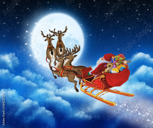 Santa Claus on reindeer flying through the sky