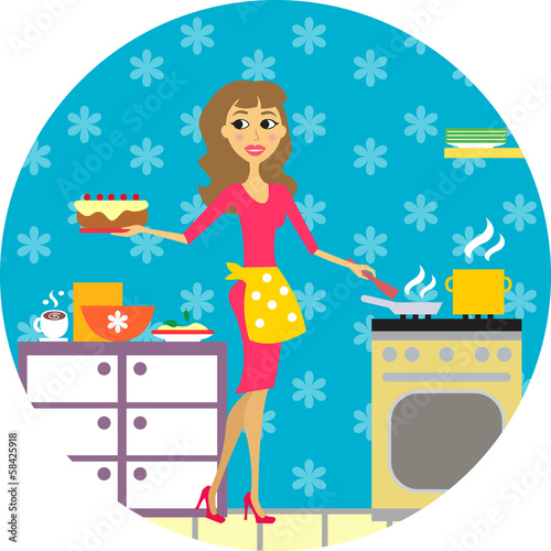woman cooks in kitchen