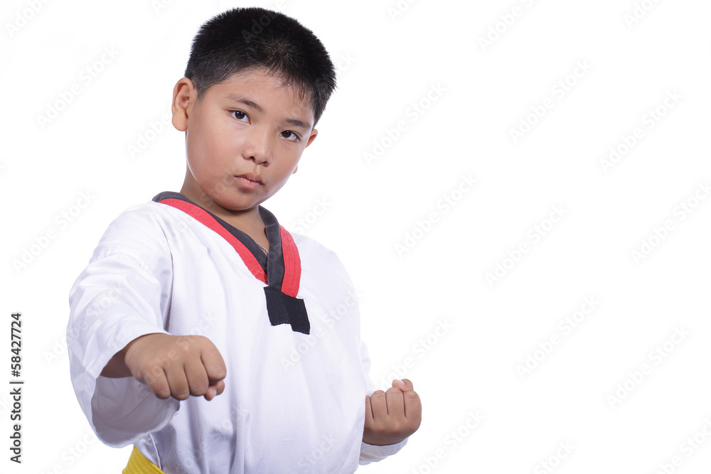 Handsome taekwondo boy trained fight activity Handsome taekwondo boy trained fight activity