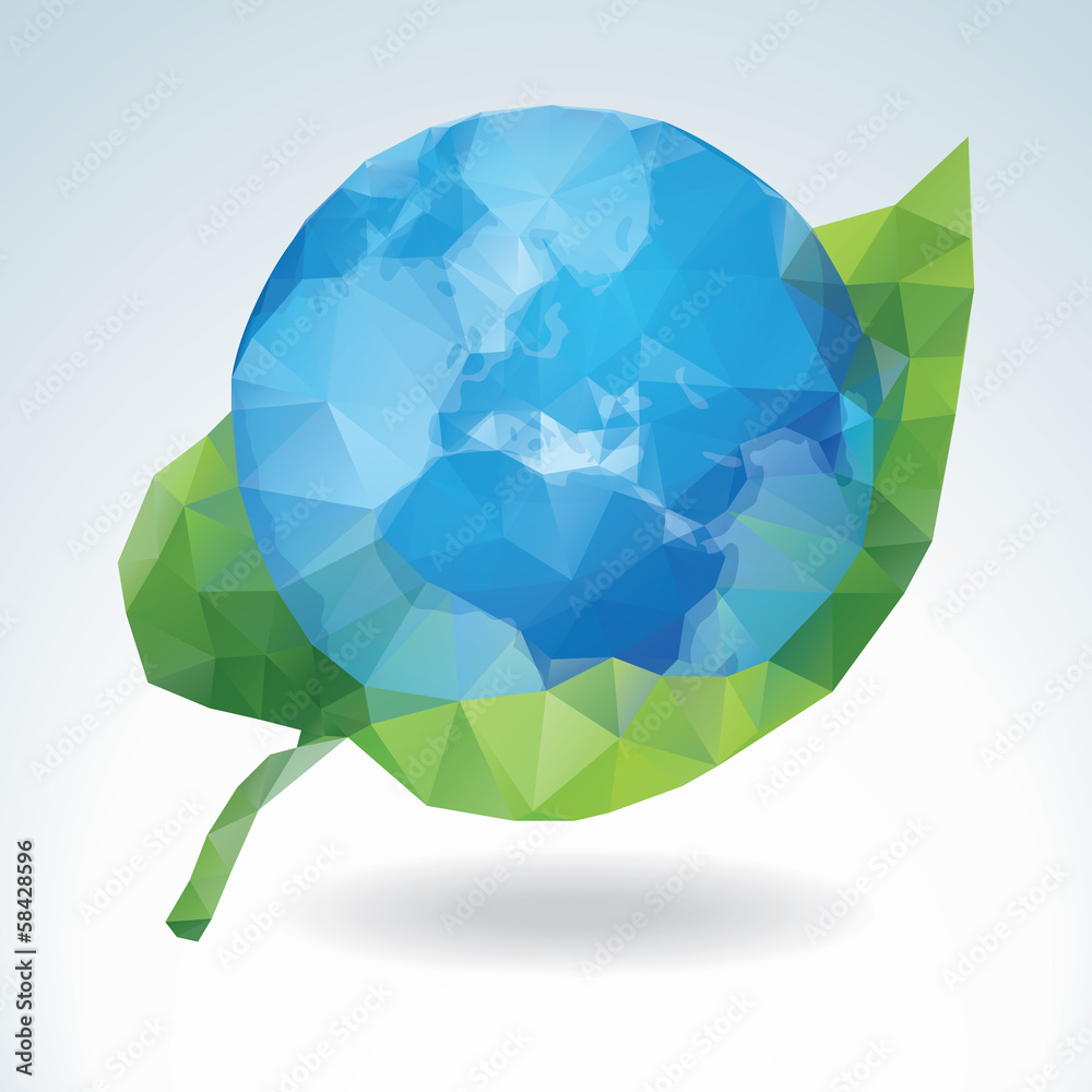 Polygonal Earth with green leaf Polygonal Earth with green leaf