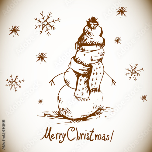 Hand-drawn vintage greeting card with snowman