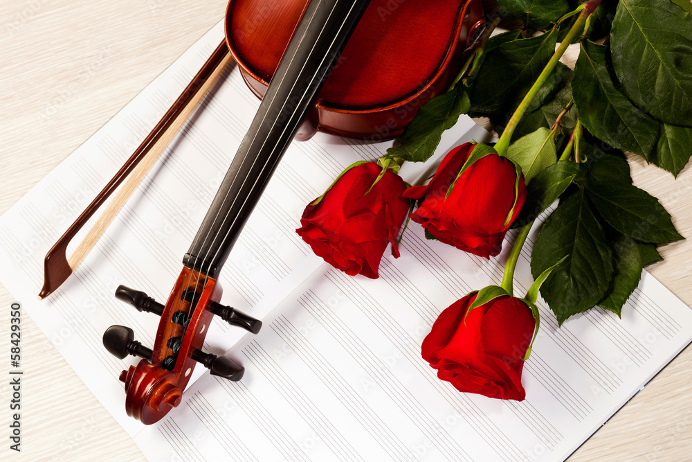 Fototapeta premium Red roses and a violin