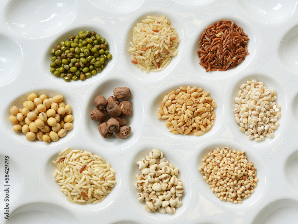 Cereals, seeds, beans - border on white background Cereals, seeds, beans - border on white background