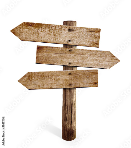 Fotografiet wooden arrow sign post or road signpost isolated