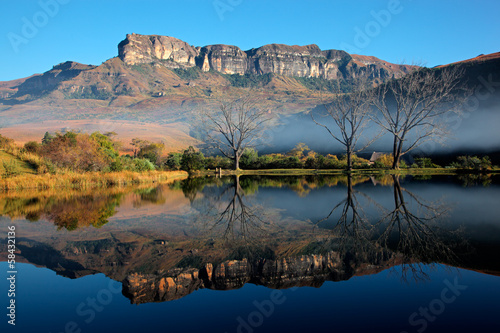 Sandstone mountains and reflection, Drakensberg mountains