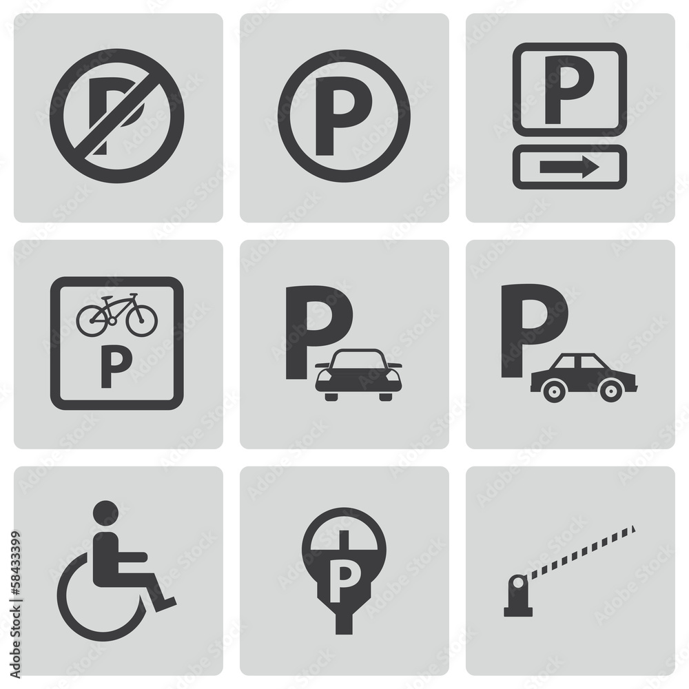 Vector black parking icons set Vector black parking icons set