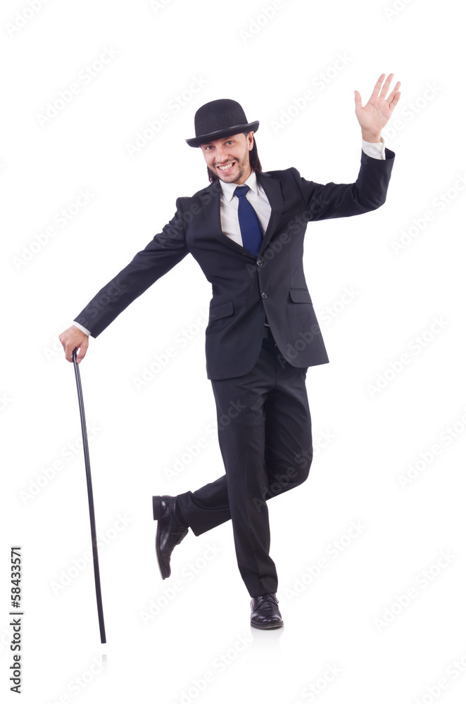 Man dancing with walking stick on white Man dancing with walking stick on white