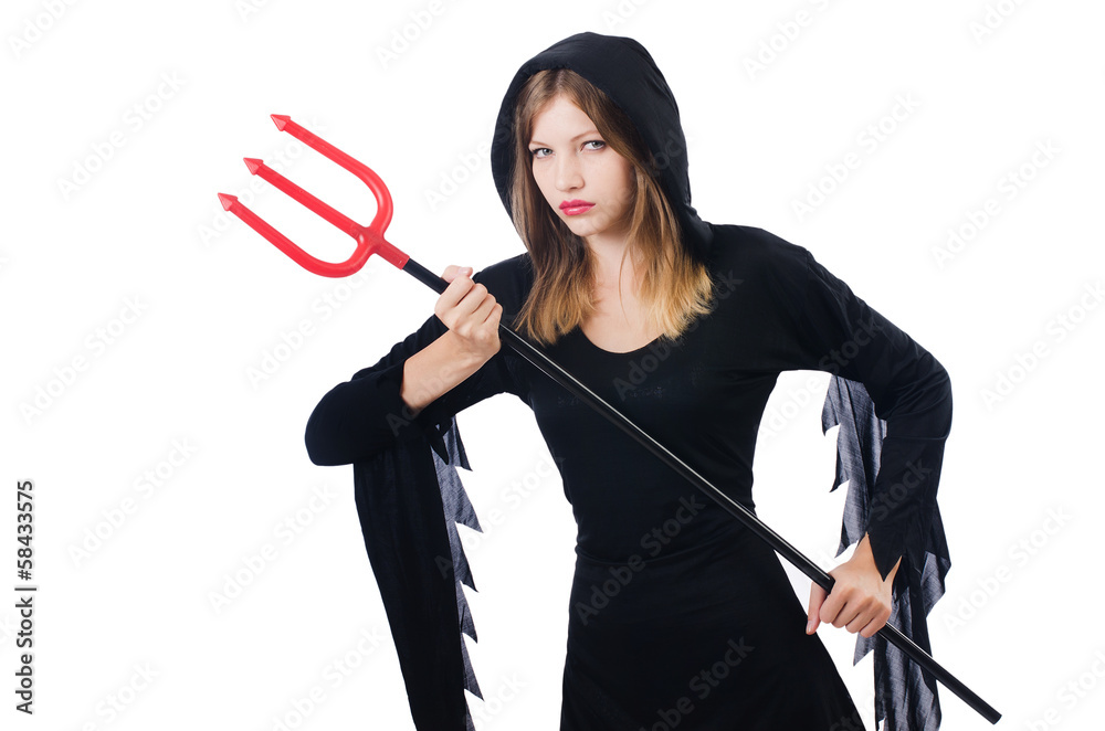 Woman devil with trident isolated on white