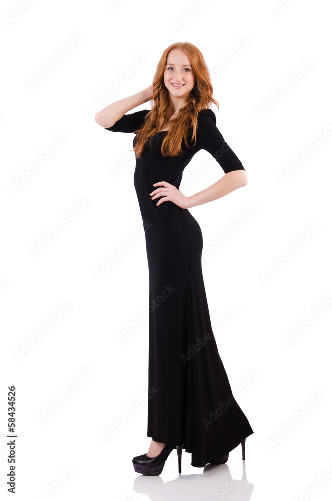 Redhead in black dress isolated on white Redhead in black dress isolated on white