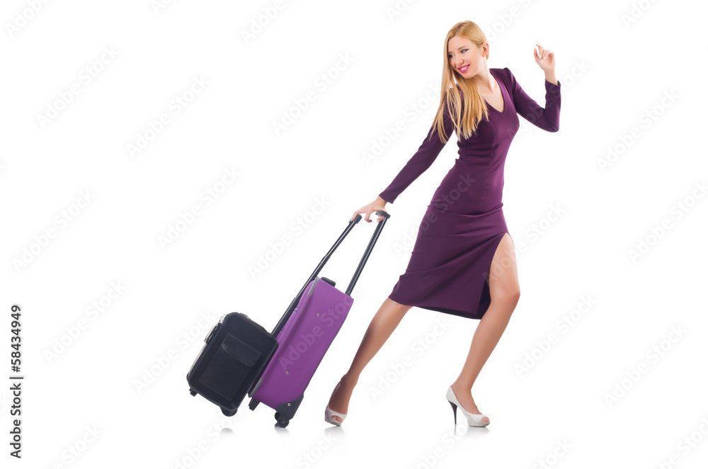 Woman preparing for vacation with suitcase on white Woman preparing for vacation with suitcase on white