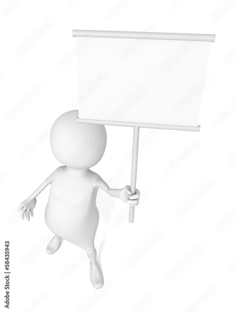 3d man hold white blank information sign board 3d man hold white blank information sign board