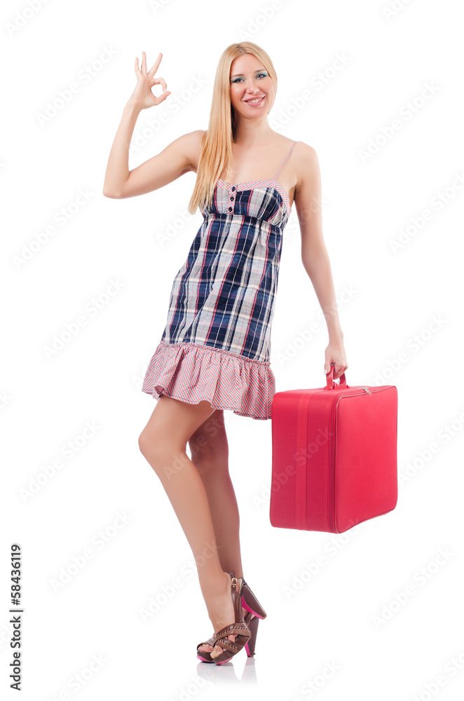 Woman preparing for vacation with suitcase on white Woman preparing for vacation with suitcase on white