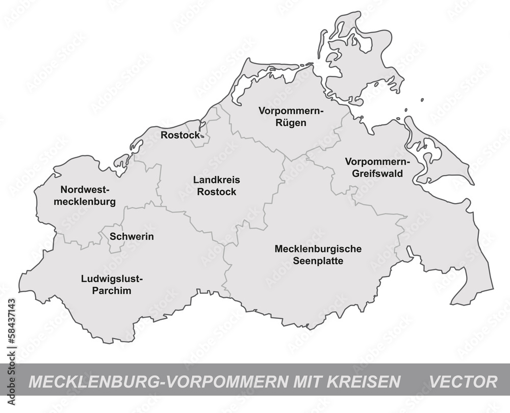 Inselkarte von Mecklenburg-Vorpommern mit Grenzen in Grau