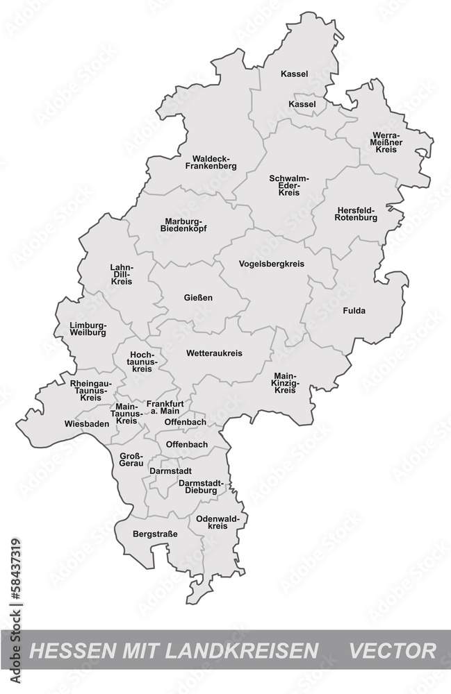 Inselkarte von Hessen mit Grenzen in Grau