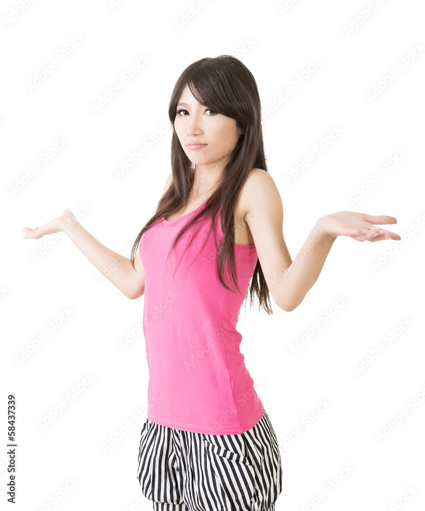 Portrait of cheerful young asian woman shrugging Portrait of cheerful young asian woman shrugging