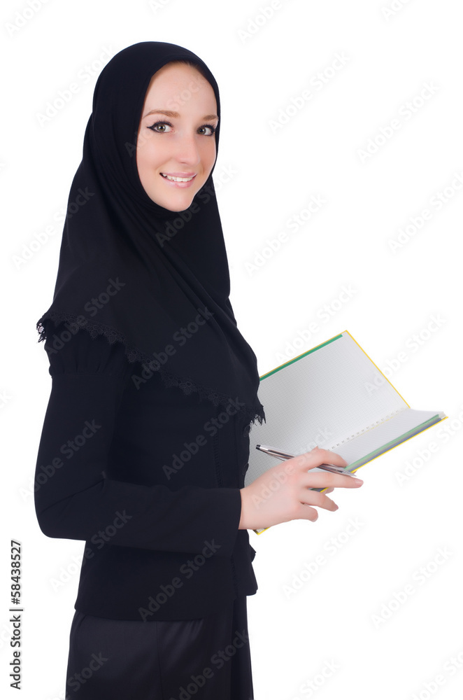 Young muslim student with books on white Young muslim student with books on white
