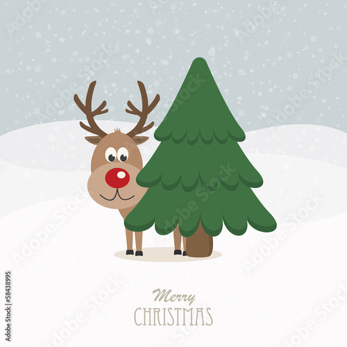 reindeer red nose behind tree snowy background