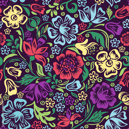 Vector floral colorful pattern with flowers on dark