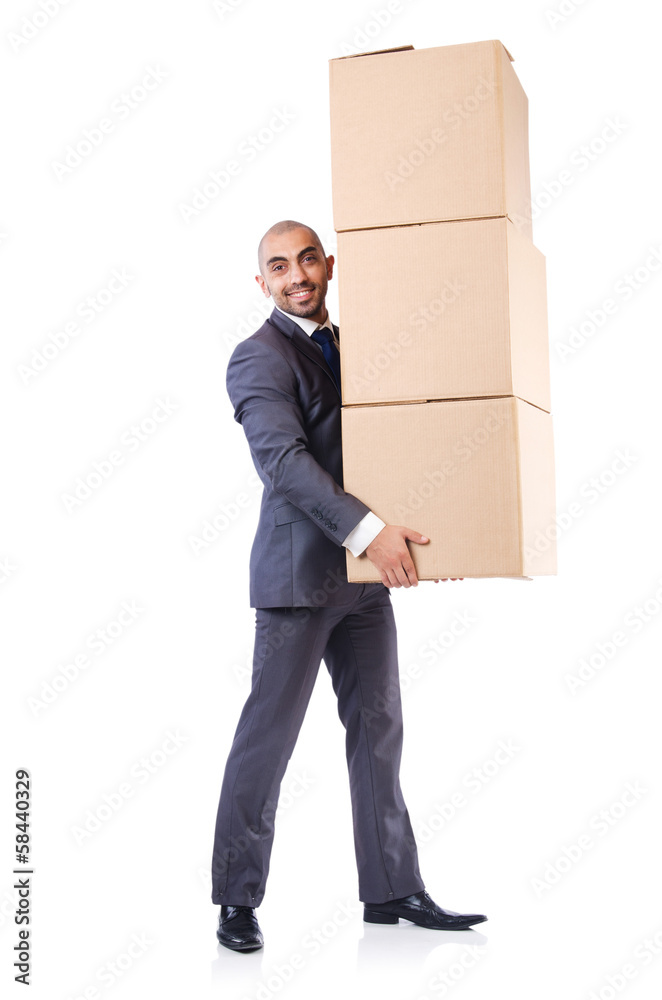 Businessman with box isolated on the white Businessman with box isolated on the white
