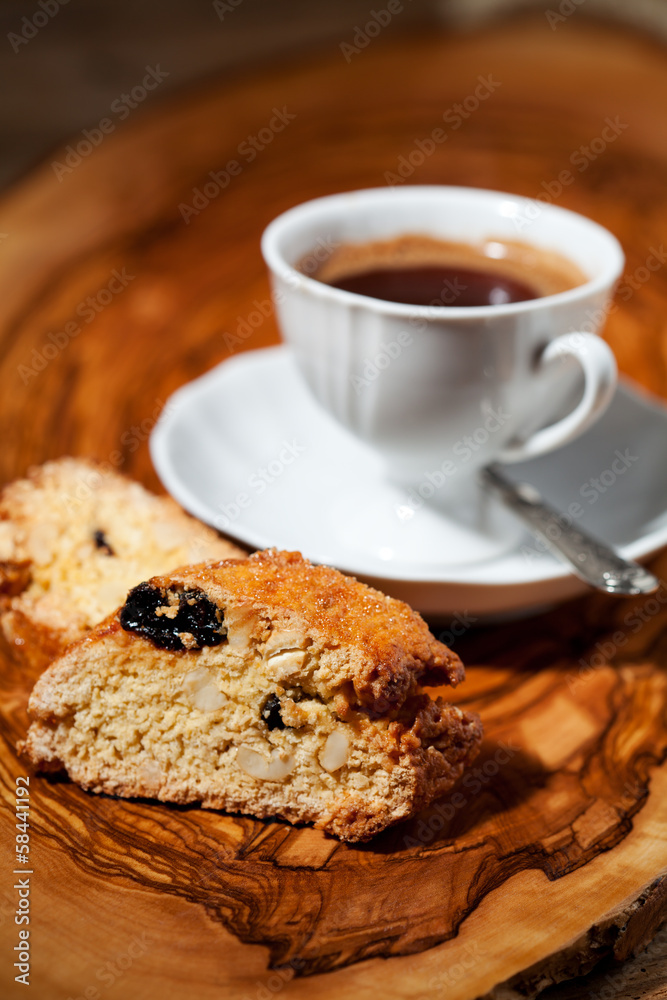Traditional Italian cantuccini cookies and cup of coffee Traditional Italian cantuccini cookies and cup of coffee