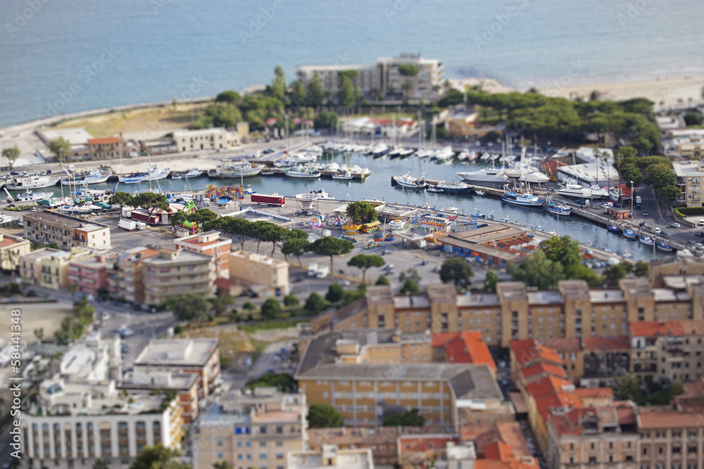 Aerial view of Terracina harbour with tilt-shift lens effect