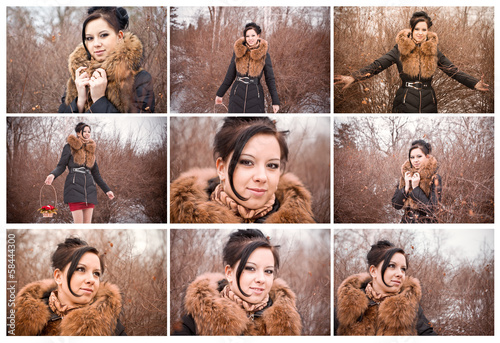 set of portraits of beautiful young girls in winter park