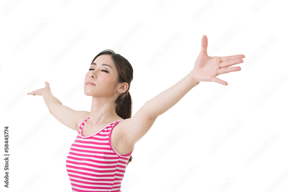 Asian woman stretch arms and feel free