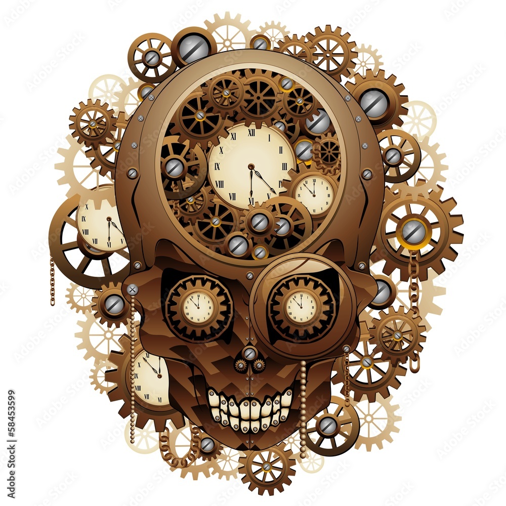 Steampunk Skull Vintage Style-Teschio Meccanismo Orologio Stock Vector |  Adobe Stock