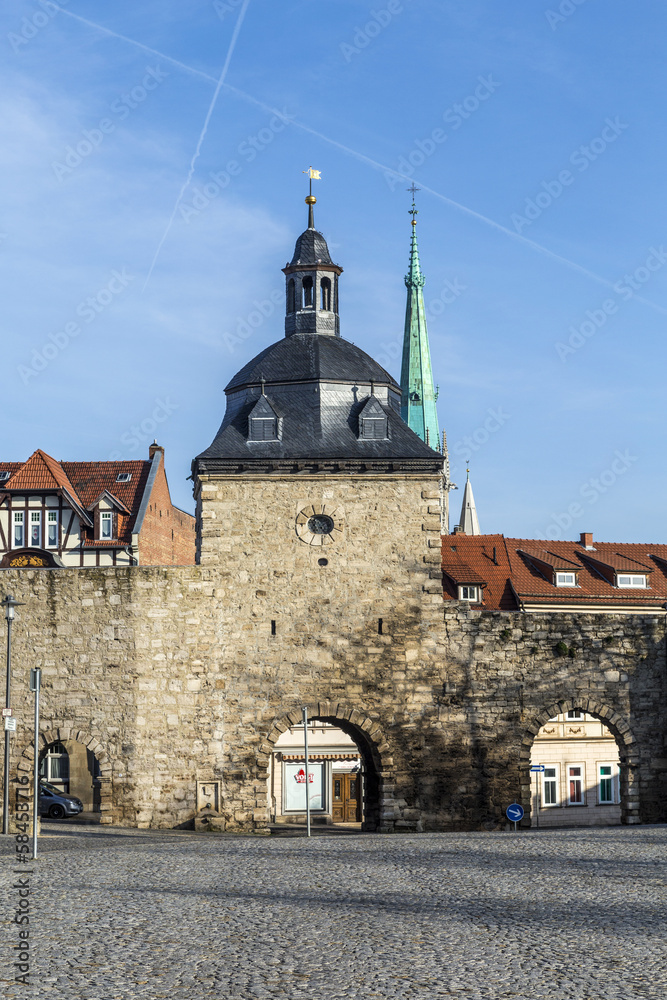 Muehlhausen, inner woman gate at historic town wall with raven t