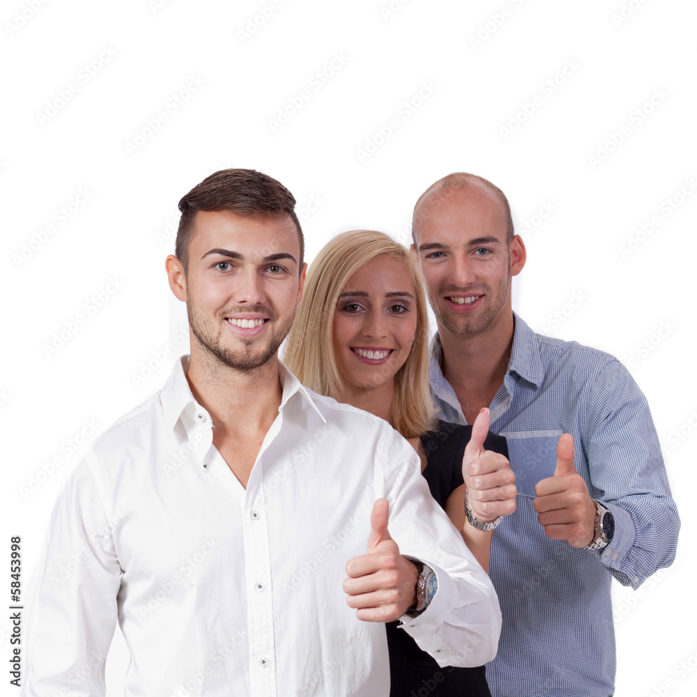 junge ergolgreiche geschäftsleute lachend daumen hoch