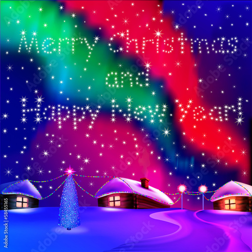 Christmas card with houses and night Northern lights