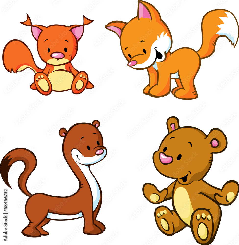 fox, bear, weasel and squirrel - cute animals cartoon fox, bear, weasel and squirrel - cute animals cartoon