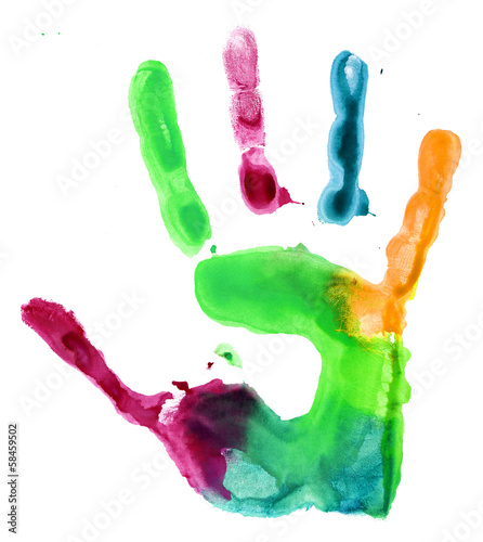 Close up of colored hand print on white
