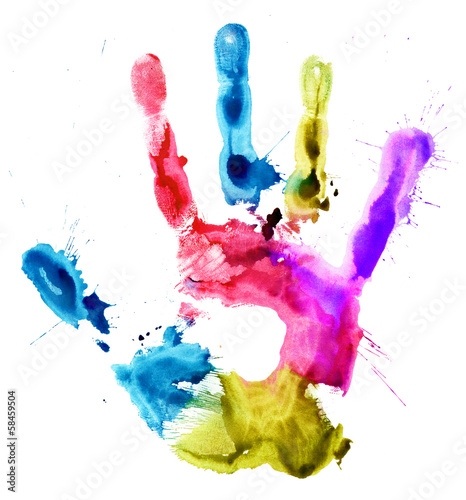 Close up of colored hand print on white