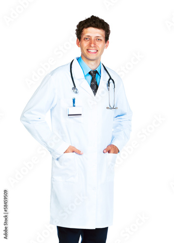 Portrait of the smiling doctor on a white