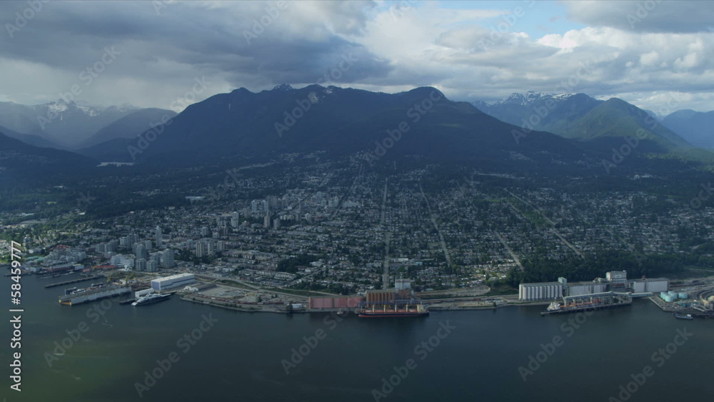 Aerial view North Vancouver mountains and coastline Aerial view North Vancouver mountains and coastline