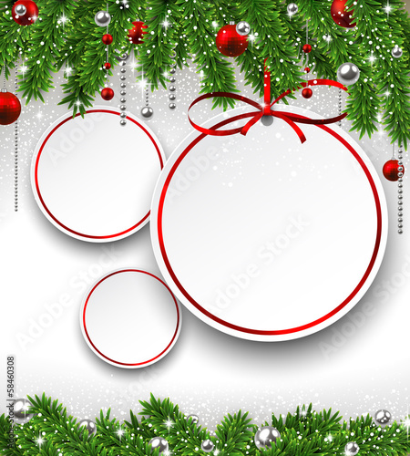 Christmas background with fir branches and balls.