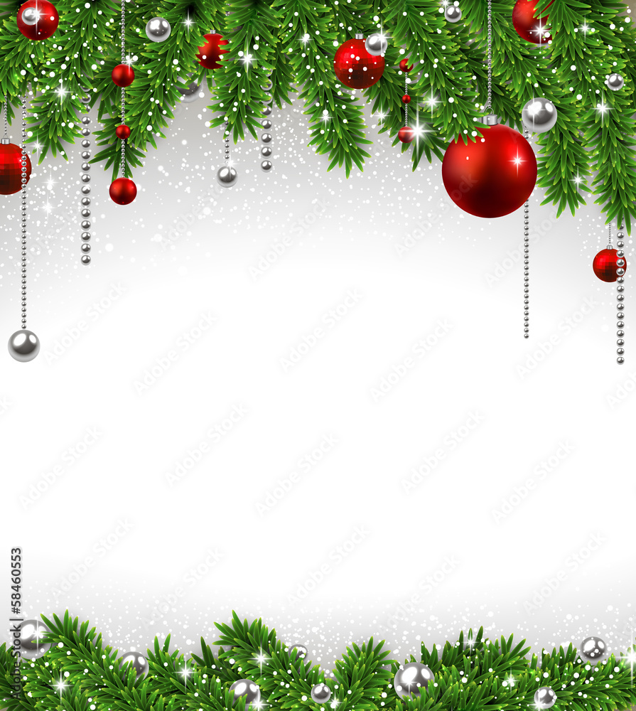 Christmas background with fir branches and balls.