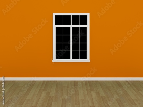 the window on the orange wall in a empty room