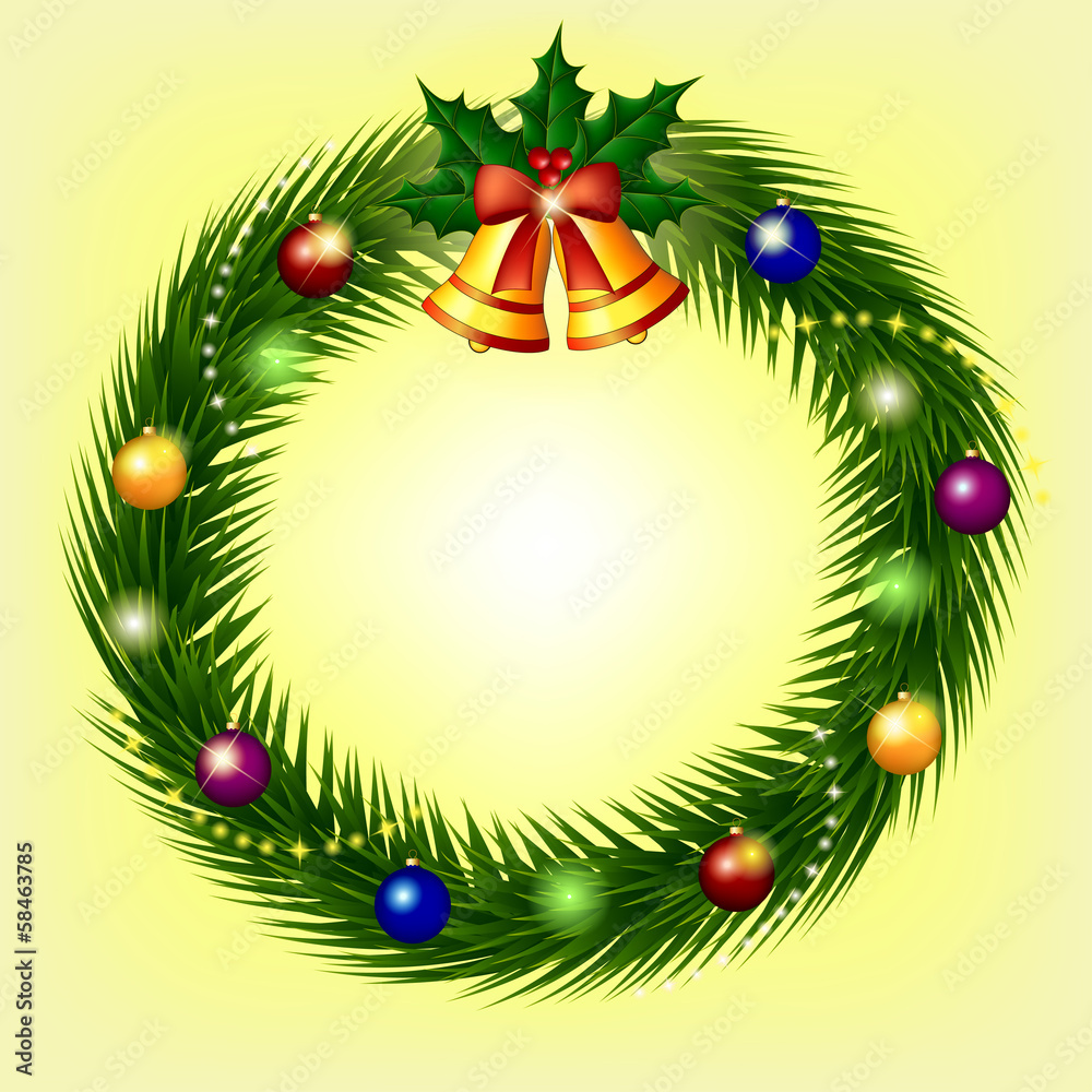 Christmas wreath with branches of spruce, bells and balls Christmas wreath with branches of spruce, bells and balls